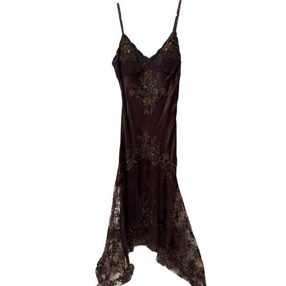 Cache Y2K Vintage 100% Silk Brown Lace Beaded Victorian Flapper Style Dress 4 - Picture 3 of 10